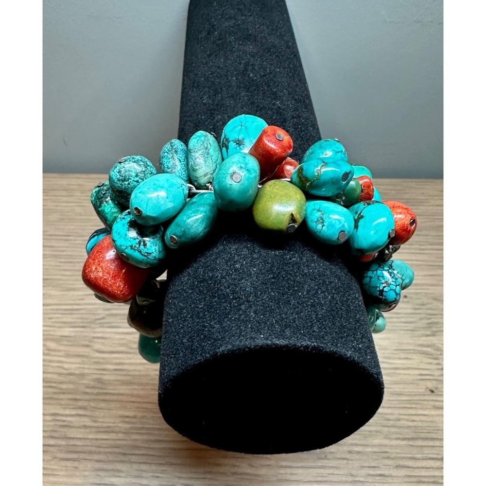 Heavy VTG 925 Sterling Silver Turquoise Terracotta Jasper Cluster Bracelet 110g
